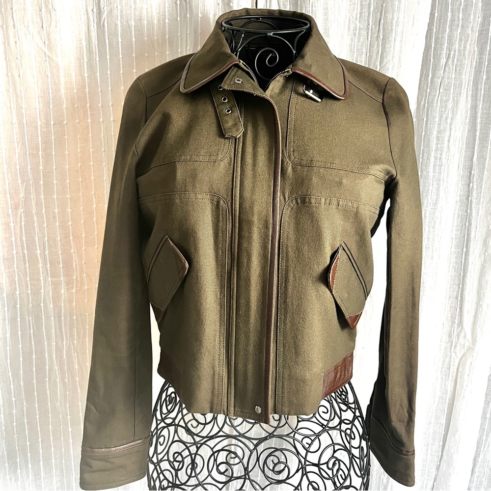Michaa Leather Trim Utility Jacket Cropped Olive Green Military Style Size Small